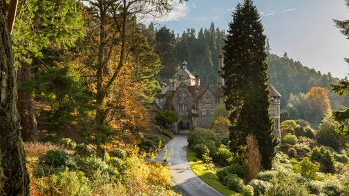 Cragside House surrounded by trees with golden autumn leaves.